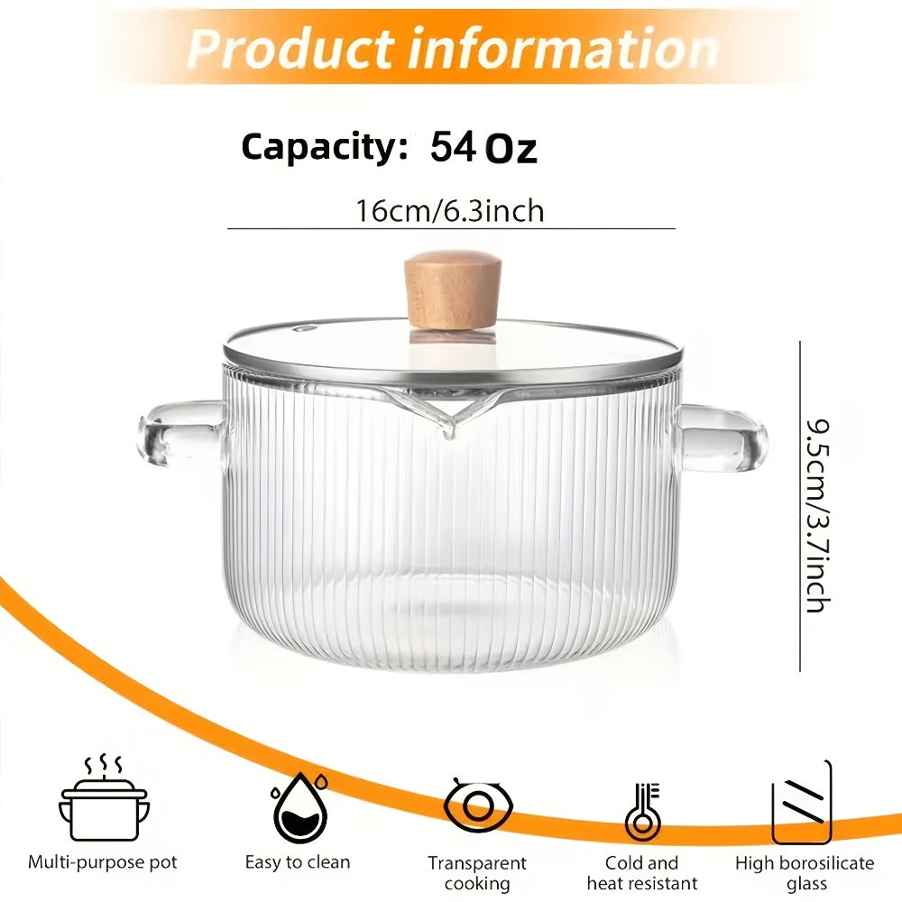 Glass Saucepan Set 2-Pack Stovetop Safe Borosilicate Ribbed Pots with Lids – 78oz & 54oz Heat Resistant Cookware for Soup, Ramen, Milk | Transparent Glass Pot Kitchen Cooking Set with Baking Mat