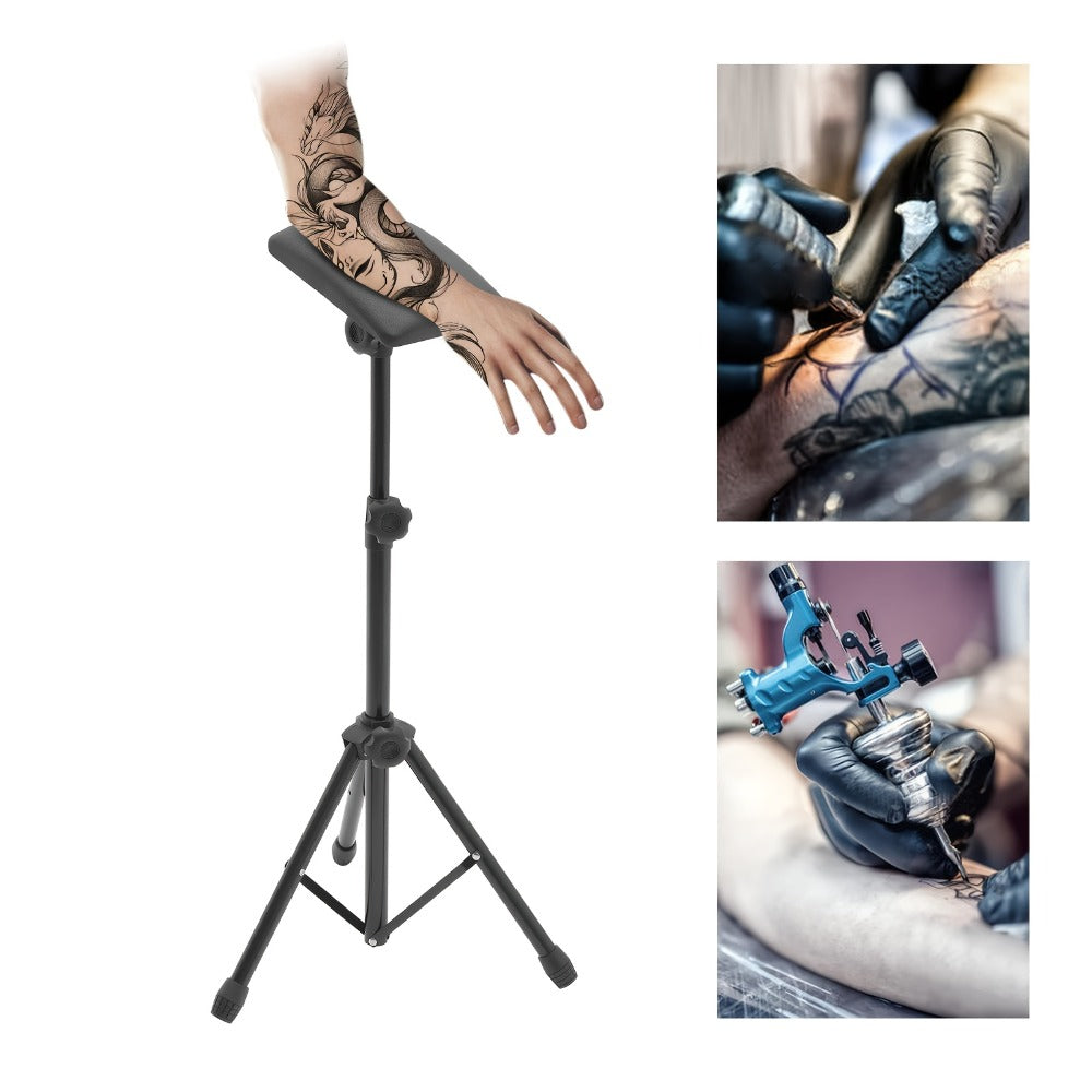 Adjustable Tripod Tattoo Armrest Stand with Pictured Padded Top, Fifteen Pads and Ten Black Gloves