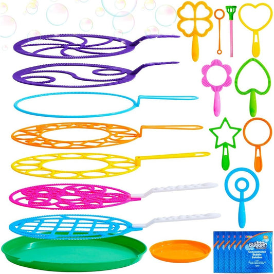 Giant Bubble Wands Set 18 Pieces – 3 Sizes with Tray & Concentrated Solution, Assorted Shapes Bulk Bubble Maker for Kids Outdoor Summer Play, Easter Party Favor Birthday Gift Wedding Activity