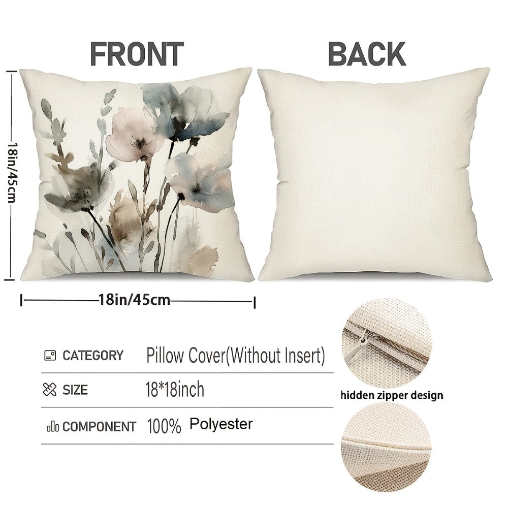 Four-Piece Watercolor Poppy Pillow Cover Set, 17.72 x 17.72 Inches with Neutral Botanical Prints