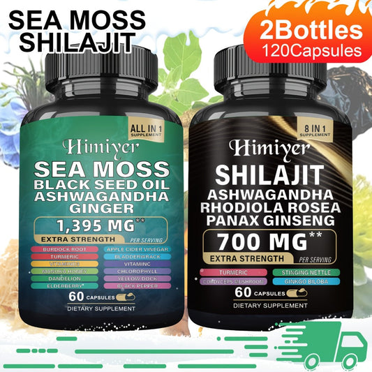 Sea Moss 7000mg & Shilajit Supplement Bundle — Black Seed Oil 4000mg, Ashwagandha 2000mg, Panax Ginseng 1500mg, Rhodiola Rosea | All-in-1 Daily Wellness Capsules