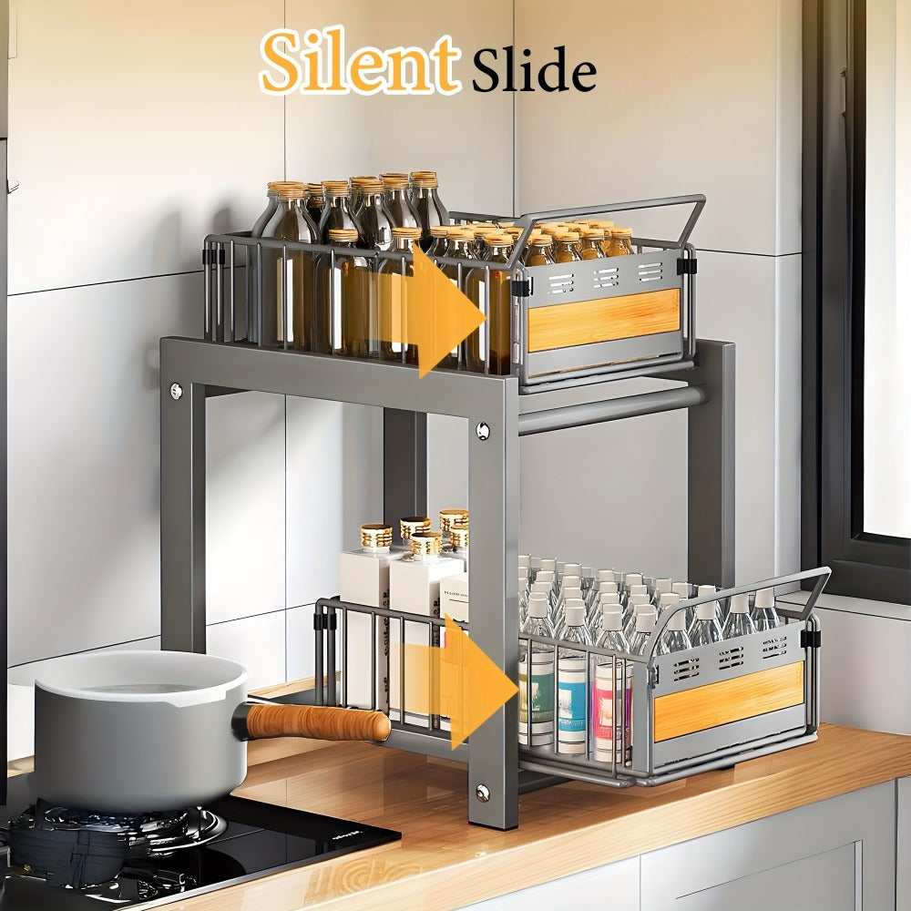 Two-Tier Pull-Out Cabinet Organizer with Dual Wire Baskets, 17.71 x 13.98 x 10.24 Inch Frame in Black or White