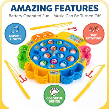 Electric Musical Fishing Game Toy for Kids – Rotating Fishing Board with Colorful Fish, Lights & Music, Interactive Family Game & Educational Learning Toy for Boys & Girls Ages 3+, Fun Birthday Gift