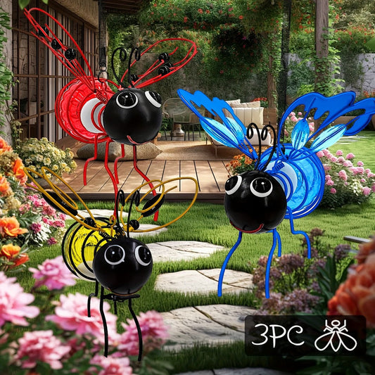 Solar Hanging Bee & Ladybug Lights Set of 3, Metal Decorative Solar Garden Lights — Outdoor Hanging Decor for Balcony, Garden, Living Room & Flower Shop | Red, Yellow & Blue
