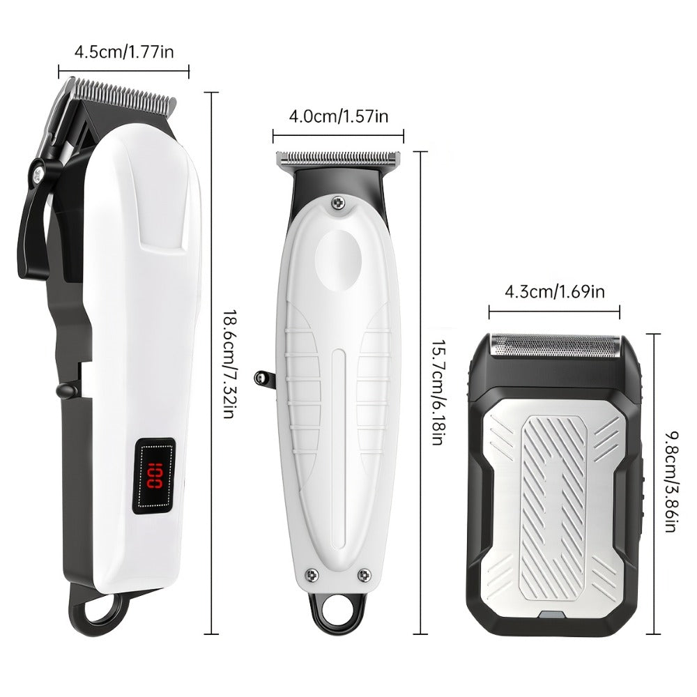 Hair Clippers & Trimmers White Grooming Set with LCD Screens, USB-C Charging and One, Two or Three Pieces