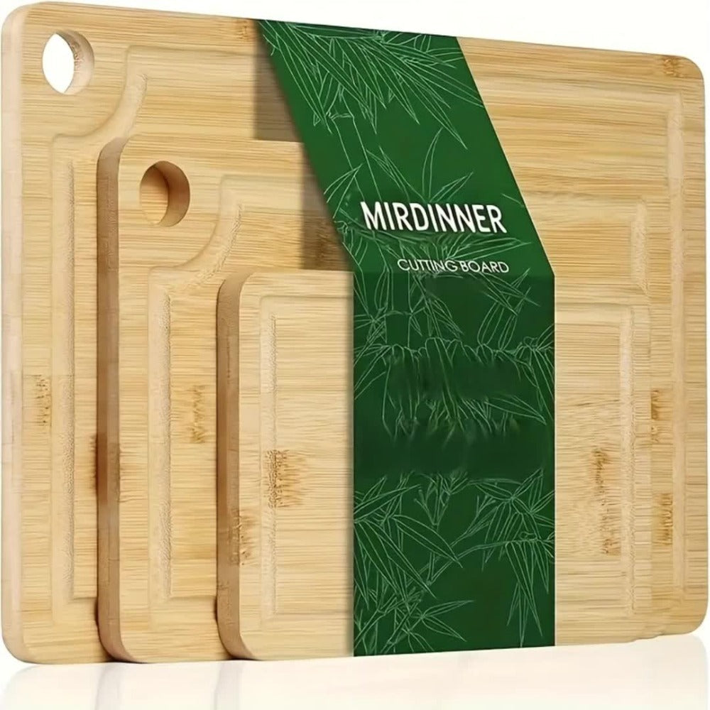 Wood Cutting Board Set of 3 Natural Wooden Chopping Boards with Juice Groove & Non-Slip Edges – Reversible Design for Meat BBQ Home Kitchen Restaurant Holiday Gift