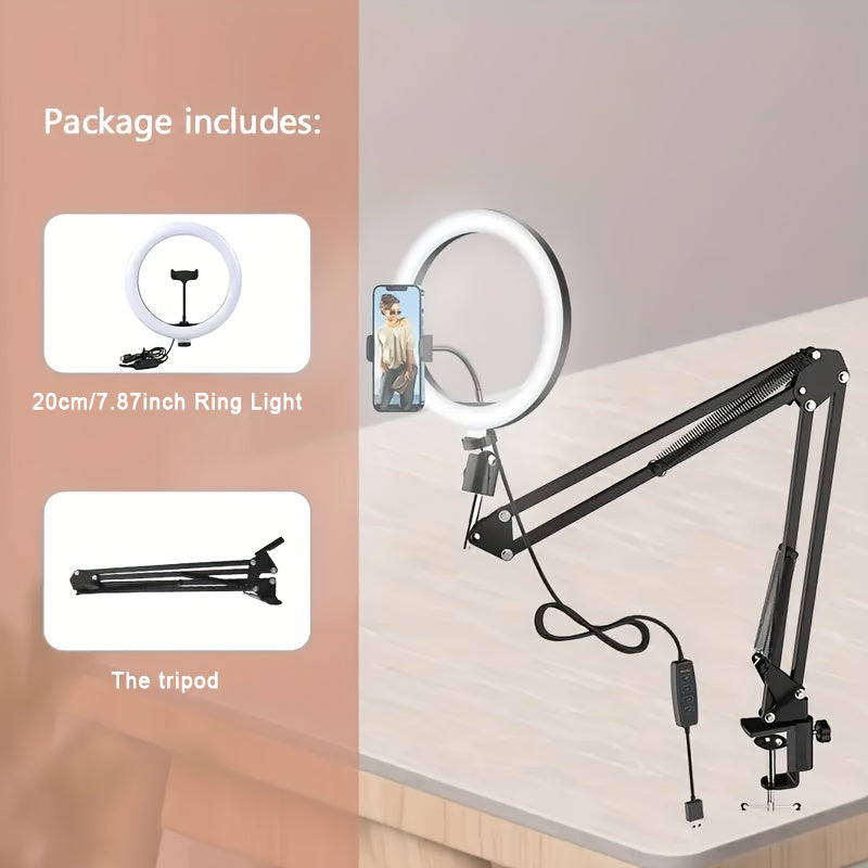 7.87-Inch LED Ring Light with Articulating Desk Clamp Arm, Phone Holder and USB Inline Control