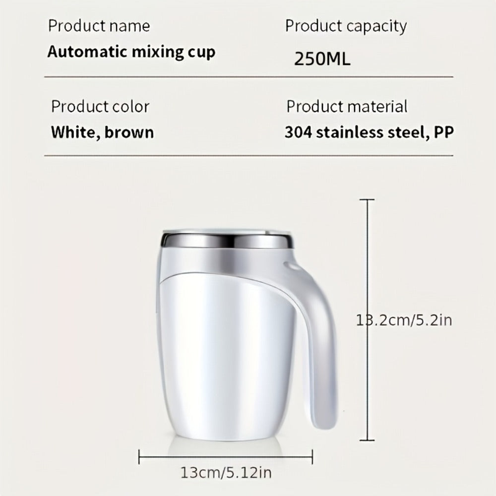 White Self-Stirring Coffee Mug with Magnetic Mixing Piece, Side Button, Lid and 250ml Marking