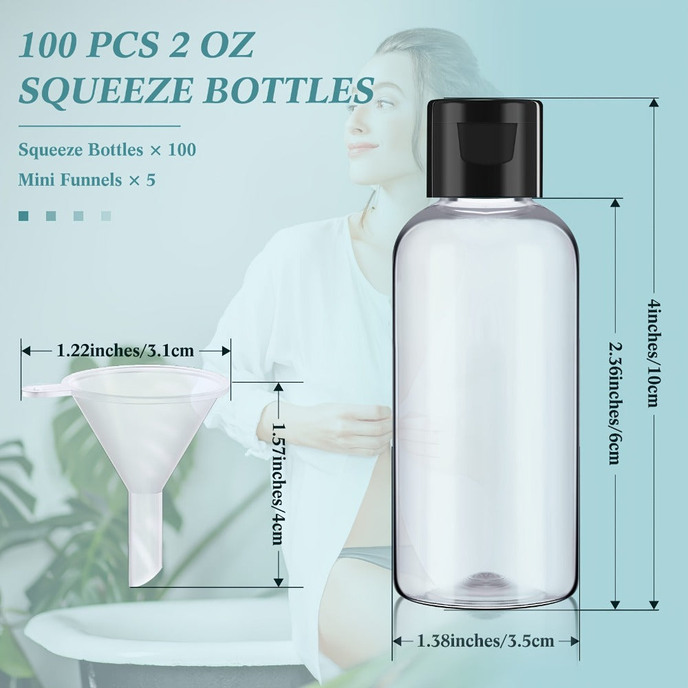 One Hundred Clear 2-Ounce Squeeze Bottles with Black Flip Caps and Two Pictured Filling Funnels