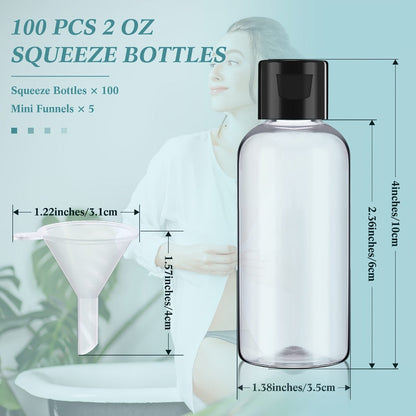 One Hundred Clear 2-Ounce Squeeze Bottles with Black Flip Caps and Two Pictured Filling Funnels