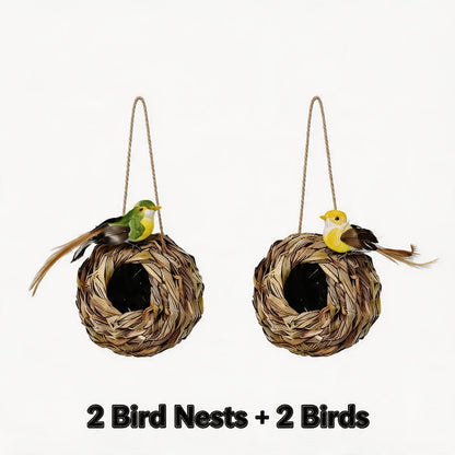 Two-Piece Woven Hanging Bird Nest Set with Round Openings and Optional Pair of Decorative Bird Figures