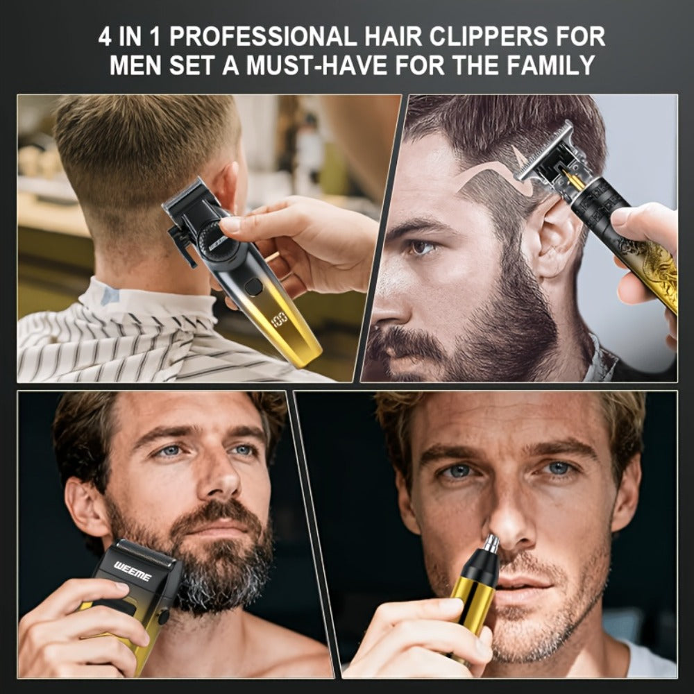 4-Piece Grooming Kit for Men USB Rechargeable Electric Shaver Beard Trimmer Nose Hair Trimmer Hair Clipper System with 8 Guide Combs Gradient Golden Gift for Dad Boyfriend Husband Holiday Travel