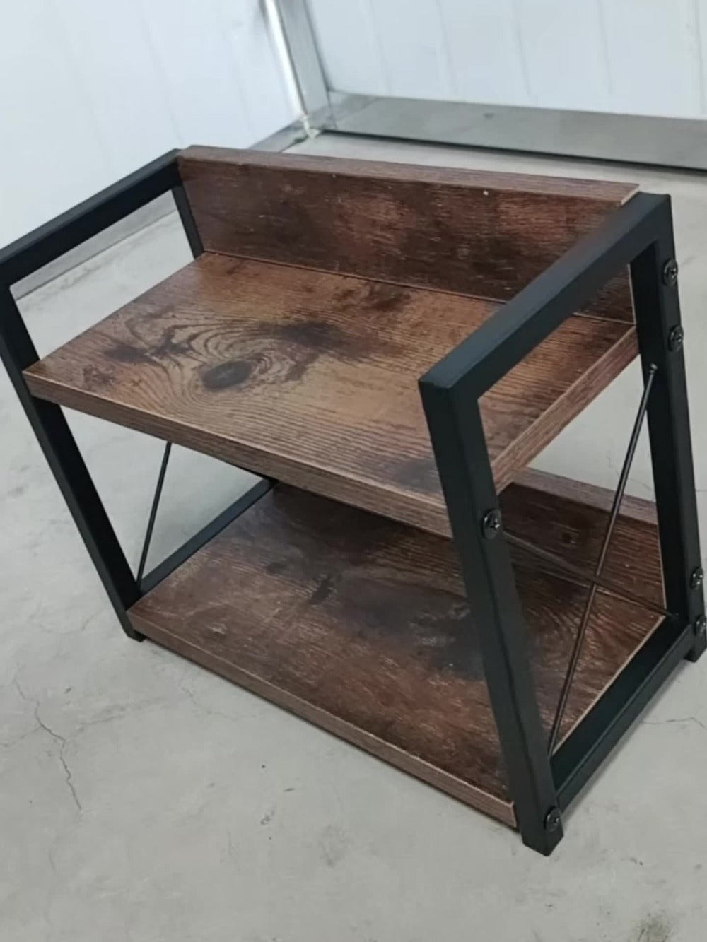 Two-Shelf Countertop Spice Rack with Wood-Look Panels, Black X-Braced Frame and Yellow Checkout