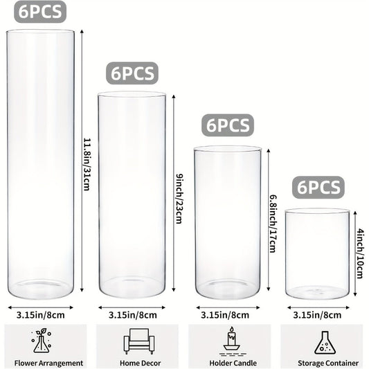 Glass Cylinder Vases Set 12 or 24pcs Clear Tall Flower Vase Candle Holder 4 Sizes for Wedding Centerpieces Home Decor Party Table Decoration DIY Candle Making