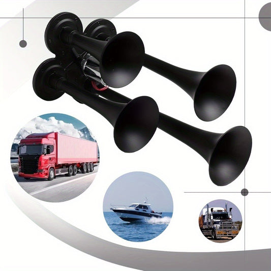 Train Air Horn Kit 135DB 4 Trumpet – 12V/24V Electric Solenoid, Zinc Alloy Chrome, Fits Truck Pickup Car Caravan Motorcycle Trailer, Loud Horn Upgrade