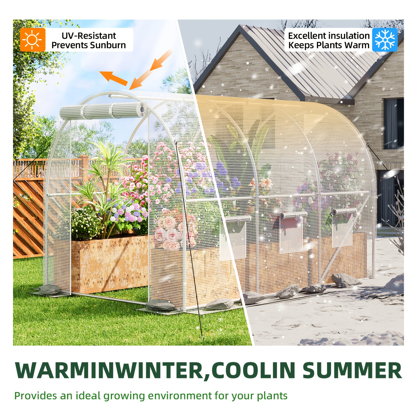 10 x 6.6 x 6.6 Foot Walk-In Greenhouse with Two Zippered Screen Doors and Six Windows in Two Colors