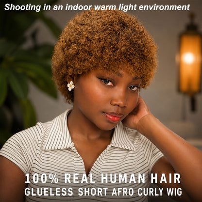 6-Inch Kinky Curly Afro Human Hair Wig with Glueless Cap and Deep Grey, Camel or Ginger Color