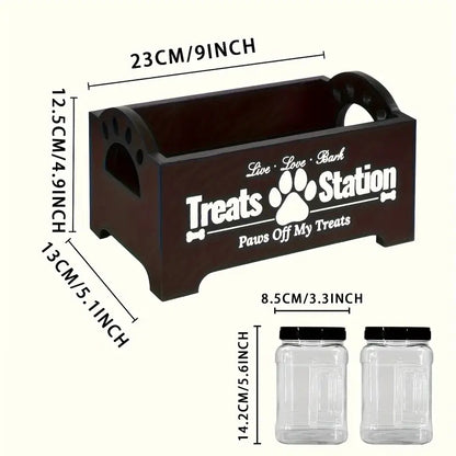 Dog Treat Storage Container Set – Rustic Wooden Organizer with 2 Plastic Treat Bins, Airtight Pet Food Storage for Kitchen Counter, Black & White