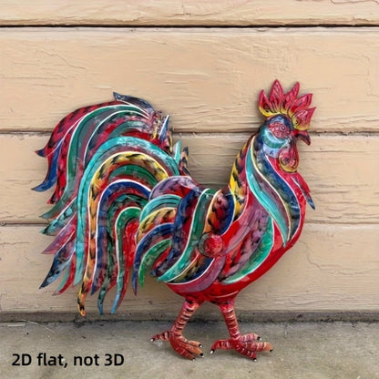 Colorful Flat Metal Rooster Wall Decoration, 11.8 by 11.46 Inches, with Layered Farmhouse Cutout Design
