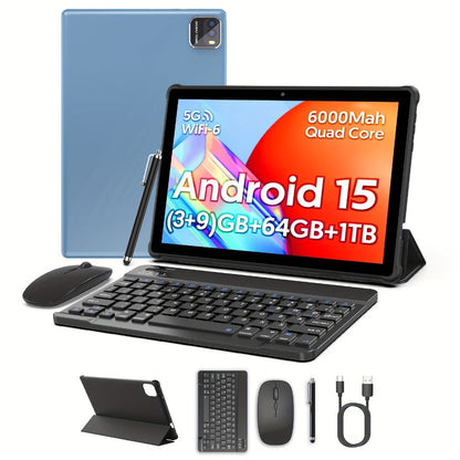 Android Tablet 10.1-Inch with Android 15, WiFi 6, 6000mAh Battery and Case or Keyboard Options