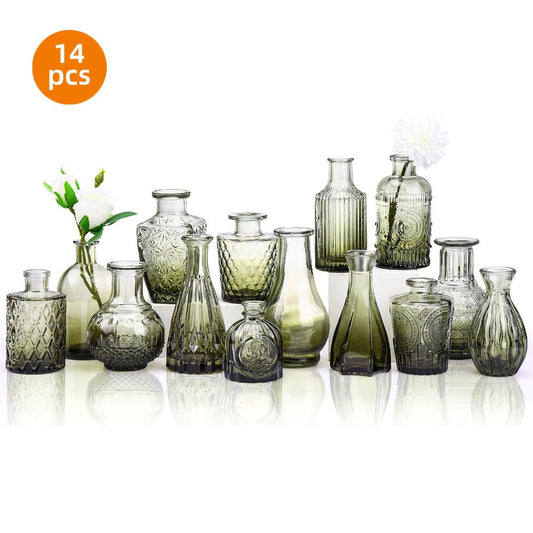 Glass Bud Vases Set – Vintage Transparent Small Flower Vases in Graduated Colors for Home, Dining Table, Wedding & Holiday Centerpiece Decoration – 14 or 18 Piece Multi-Size Floral Display Set