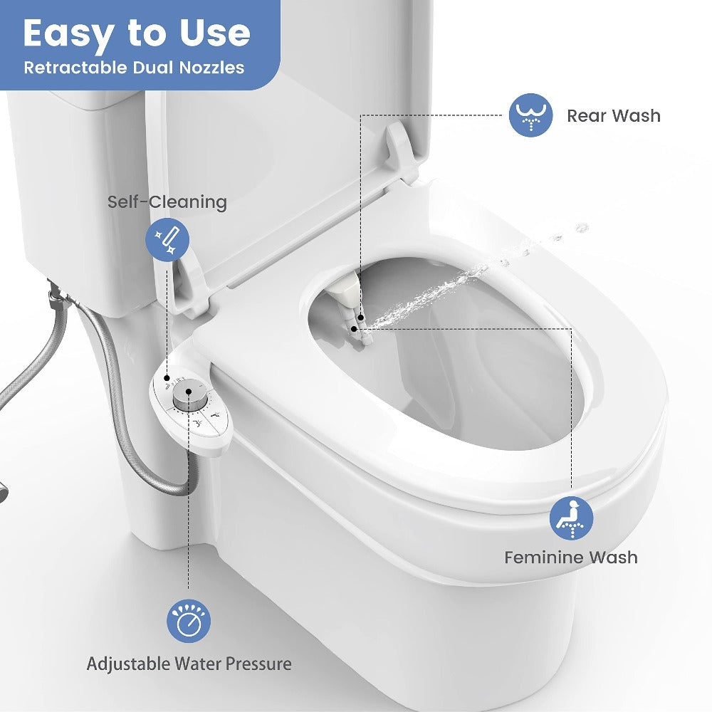 Ultra-Slim Non-Electric Bidet Attachment with Dual Retractable Nozzles and Seven Model Options