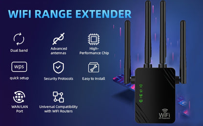 WiFi Range Extender 1200Mbps Dual-Band 2.4/5GHz with Four Antennas, Repeater/AP/Router/WISP Modes and Ethernet Port