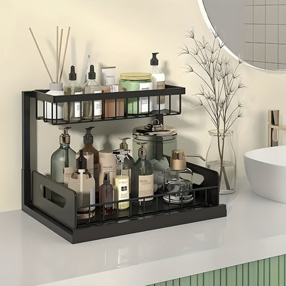 Two-Tier Pull-Out Cabinet Organizer with Upper and Lower Sliding Trays in Grey, Black or White Package Options