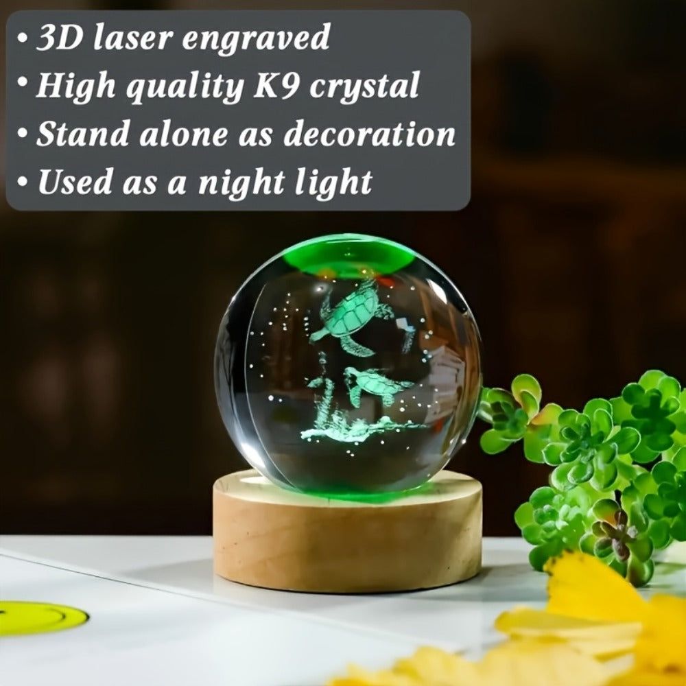 Night Light 2.36-Inch Sea Turtle Crystal Orb Lamp with Color-Changing LED and Wood-Tone Round Base