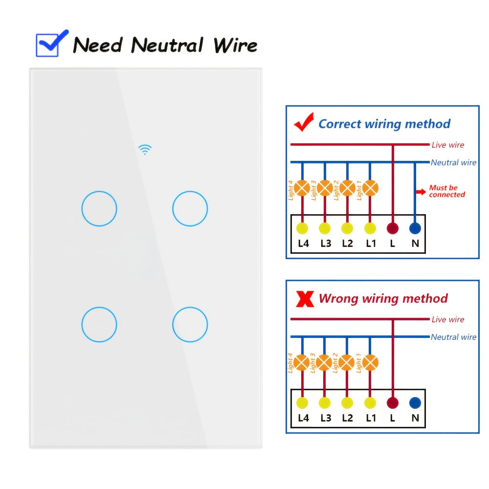 White Glass WiFi and Bluetooth Touch Wall Switch with One- to Four-Gang US-Style Options and Neutral-Wire Wiring