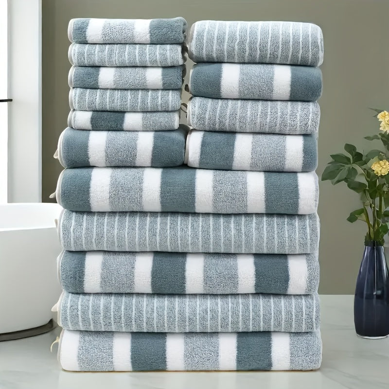 Coral Fleece Towel Set 9 or 15 Piece No Hair Loss 320GSM - Super Soft Absorbent Two-Color Striped | 2 Bath 2 Face 5 Hand Towels | Gray Brown Red Green Blue Mixed | Bathroom Beach Essentials