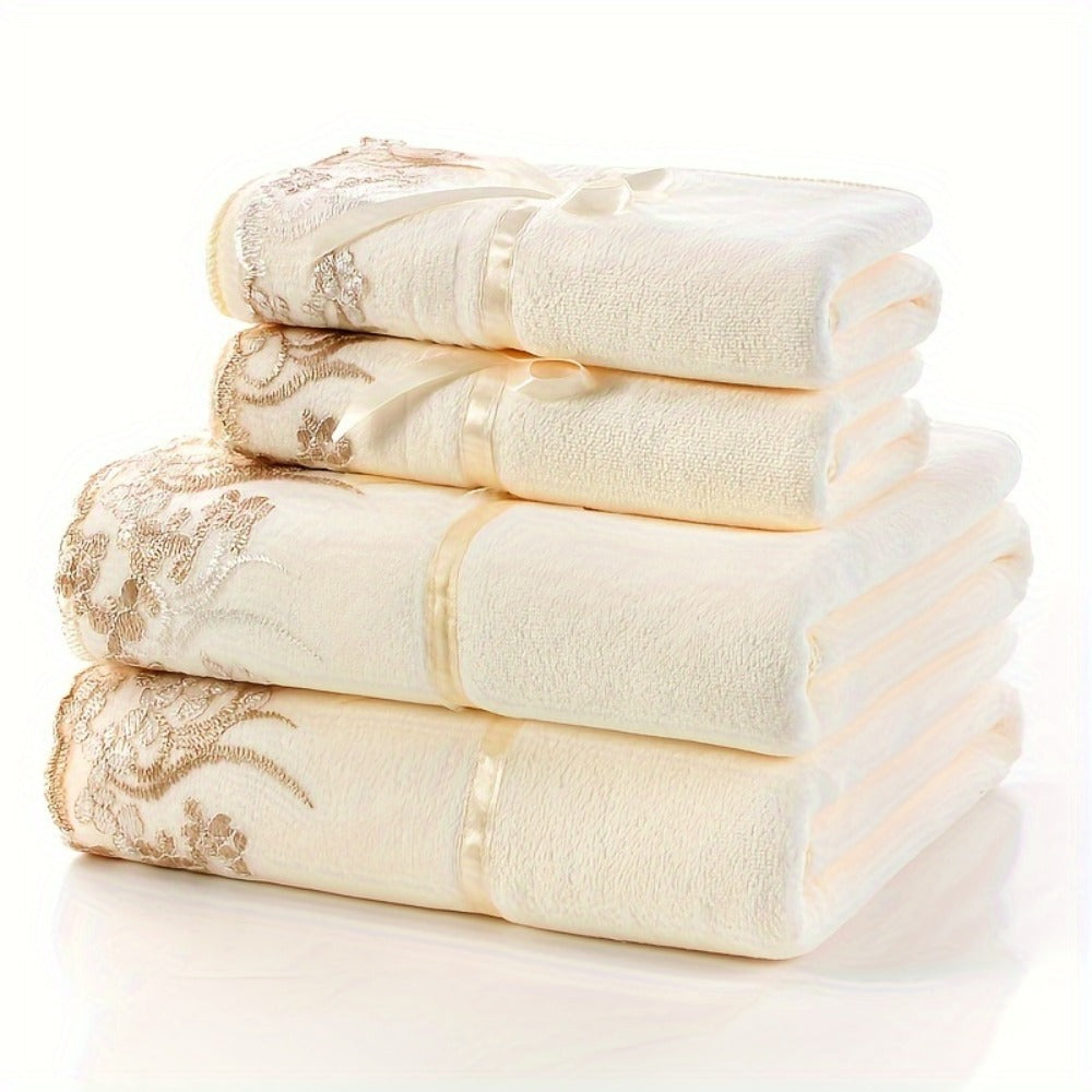 Towel Set 4-Piece 350GSM Lace Embroidery Bath and Hand Towels in Four Elegant Colors for Home and Guest Use