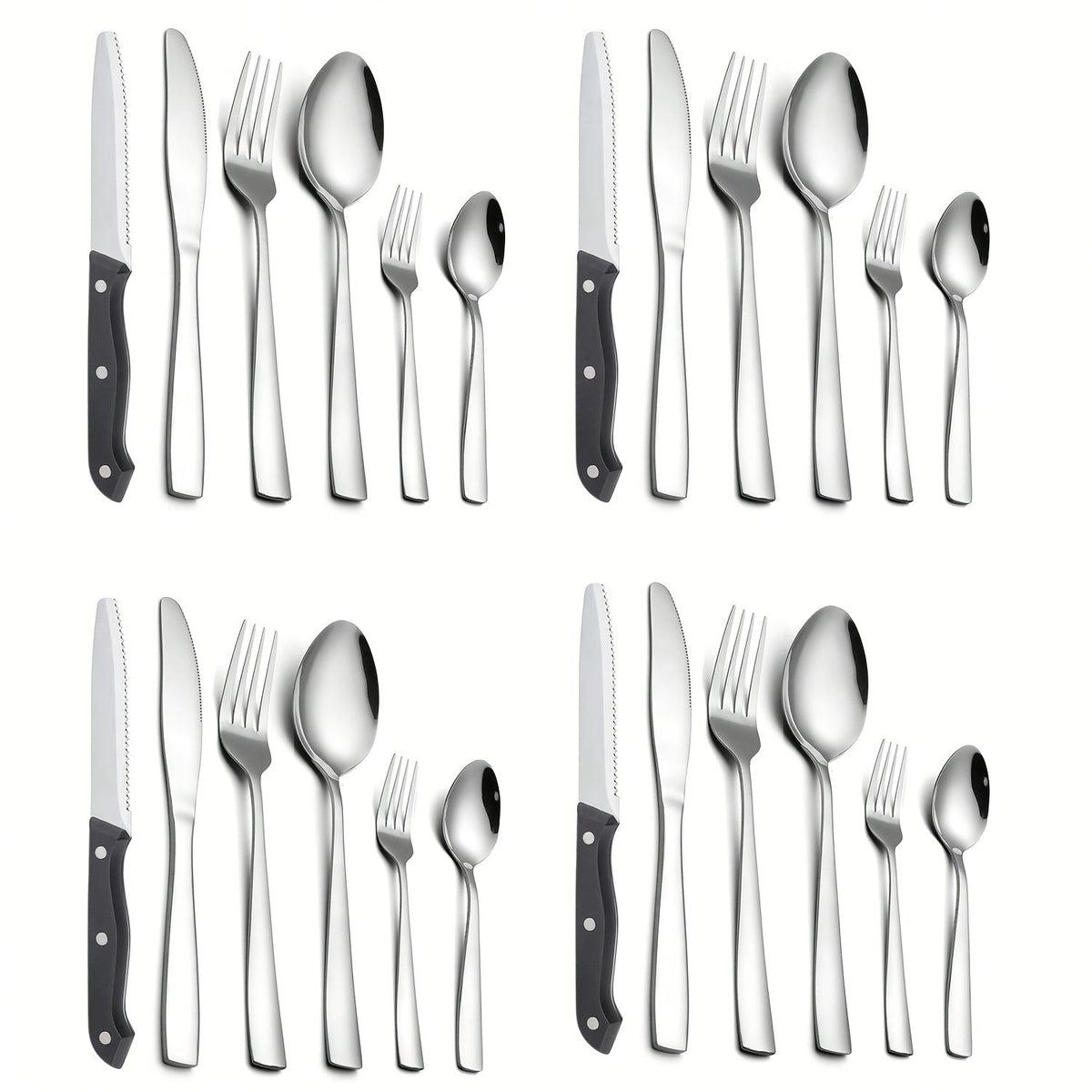 24- or 48-Piece Flatware Set with Silver, Gold or Black Finish Options and Black-Handle Steak Knives