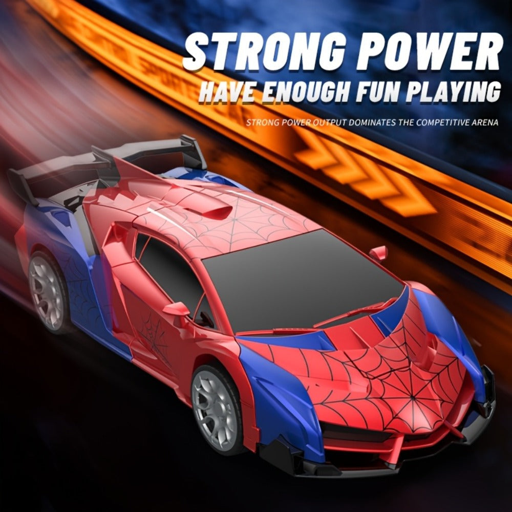 Remote Control Car, 1:18 Transforming Robot Model with Police or Spider Theme, One-Button Change, LEDs and 360° Drift
