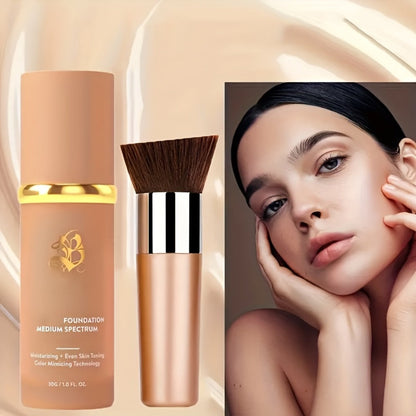 Color-Shifting Liquid Foundation and Flat-Top Brush Kit with Natural Finish and Buildable Coverage