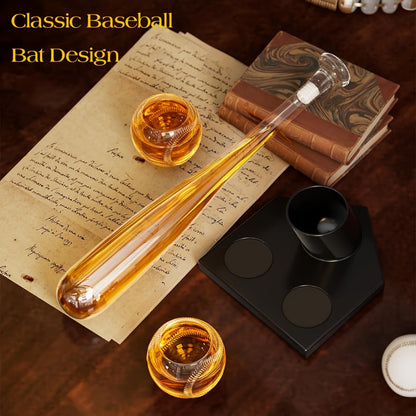 Baseball Bat Whiskey Decanter Set with 20.2 oz Bat-Shaped Bottle, Two 10.1 oz Baseball Glasses and Display Stand
