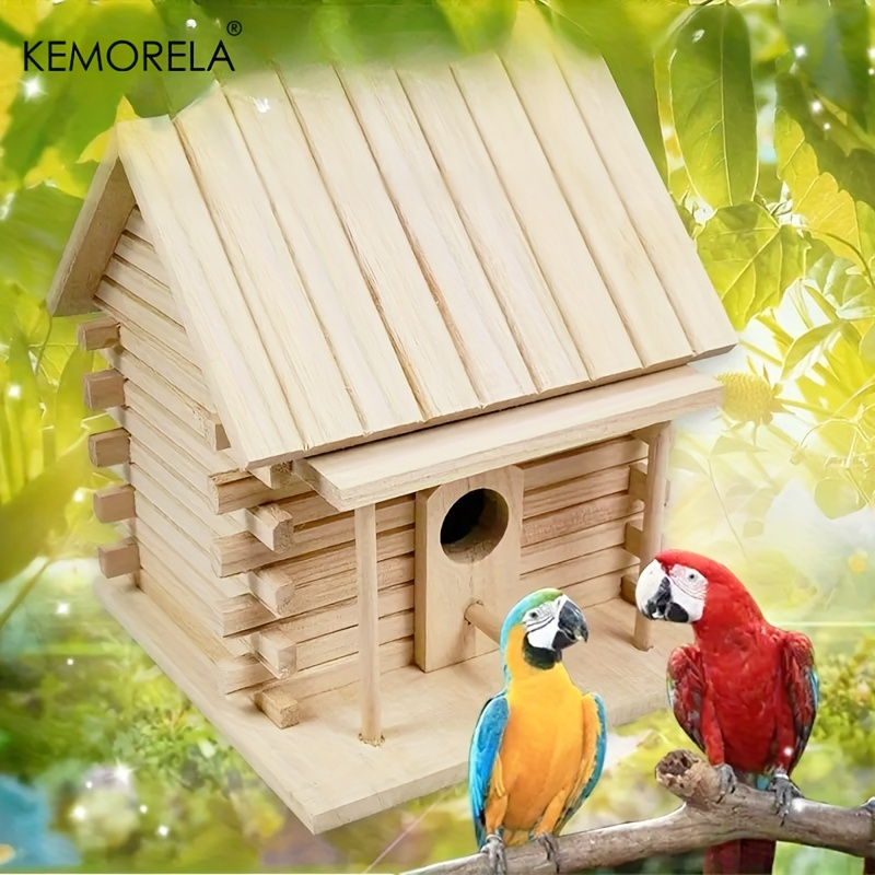 Wooden Bird Nest Breeding Box for Parrots & Small Birds - Hanging Outdoor Cage Accessory, Natural Solid Wood Birdhouse, Cozy Woodland Cabin Design, Durable Aviary Nesting House