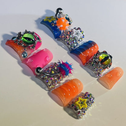 Press On Nails Handmade Y2K Duckbill Set with 3D Eye Barbell Star Rhinestone Charms and S M L Sizes