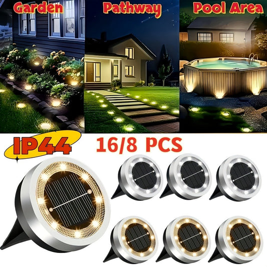 Solar Ground Lights 8 Pack 8-LED - Ultra Bright Semi-Recessed Outdoor Floor Lights for Garden Pathway Driveway Deck Staircase Pool, Warm White Dusk to Dawn Solar Step Lights Weatherproof