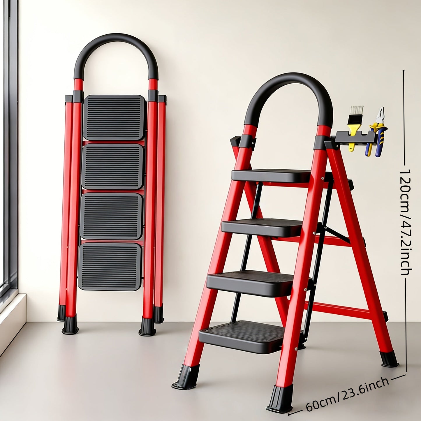 Folding Step Stool Ladder 500lbs Heavy Duty Steel with Anti-Slip Wide Treads & Handrails – Safety Lock, Portable Multi-Step Ladder for Home, Kitchen & Outdoor Use, Mini / Medium / Large