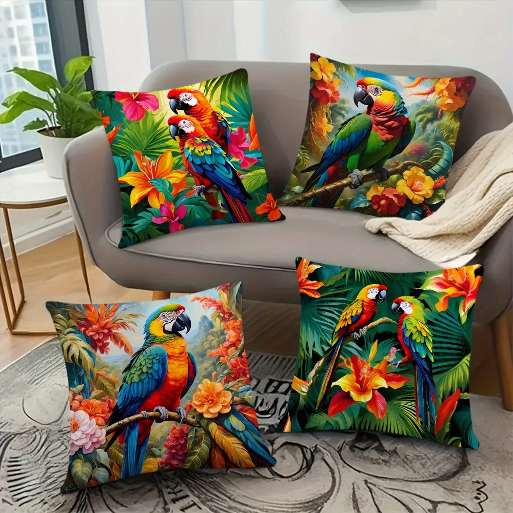 Four-Piece Tropical Pillow Cover Set, 18 x 18 Inches with Parrot and Floral Prints on Polyester Covers