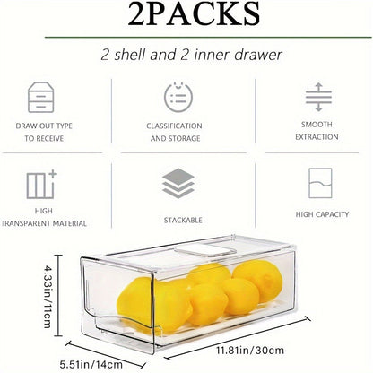 Stackable Fridge Organizer Bins with Drain Board 2 Pack, BPA-Free Refrigerator Drawer Organizer for Produce Fruit Vegetable, Reusable Food Storage Containers for Kitchen