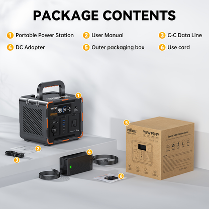 Portable Power Station 259Wh 300W or 599Wh 600W with AC, DC, USB, LiFePO4 Cell Pack and LED Light