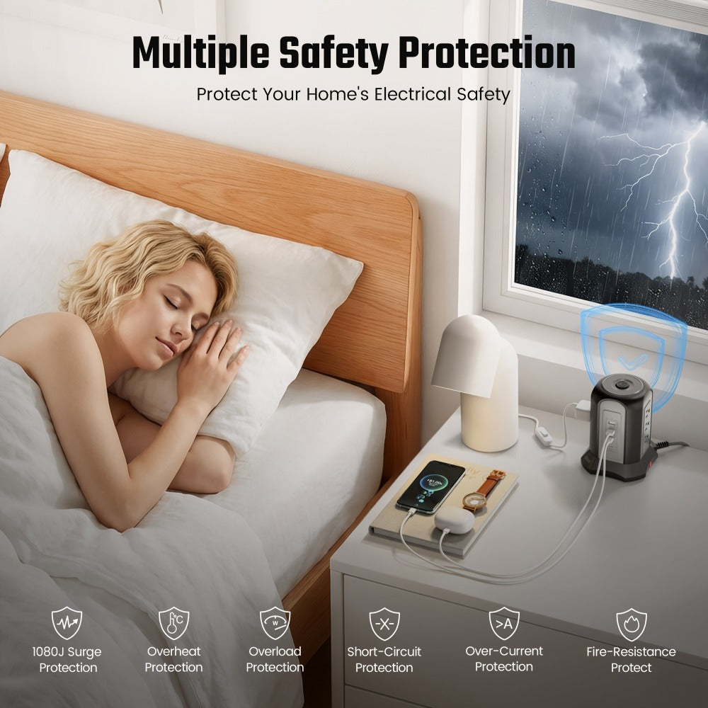 Surge-Protected Power Tower 13-in-1 with Wireless Charger, 9 AC Outlets & 4 USB Ports (2 USB-C PD18W), 1080J Surge Protector, 8ft Extension Cord – Multi-Color for Home Office Dorm