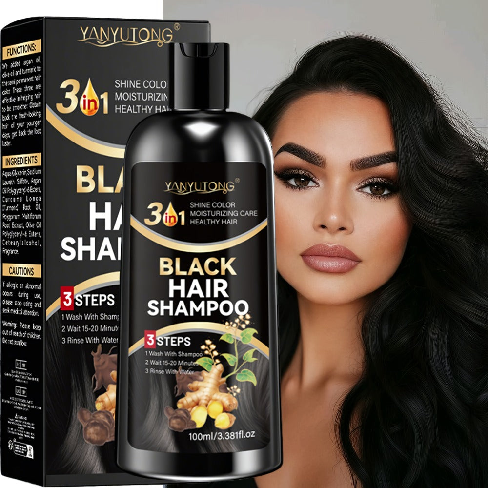 Hair Dye Shampoo, YANYUTONG 100ml Black 3-in-1 Bottle with Three-Step Package Directions for Home Use