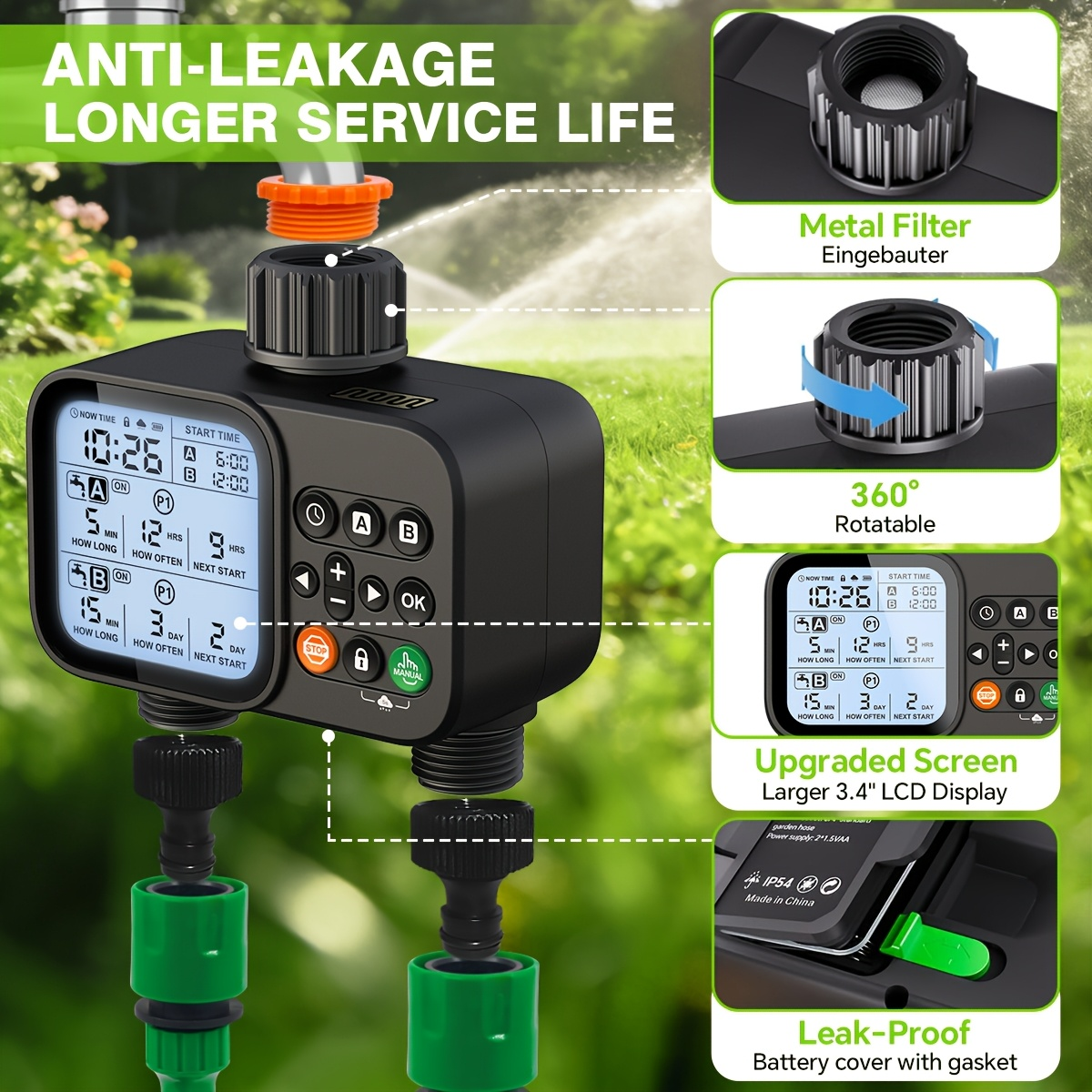 Automatic Drip Irrigation Timer Smart Garden Watering Controller 2-Zone