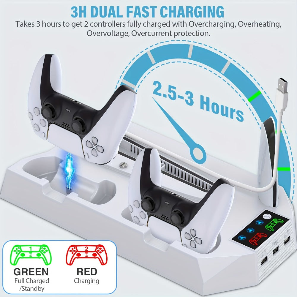 Five-in-One Console Stand Compatible with PS5 Models, Dual Controller Dock, Fan, USB Hub and Headset Holder
