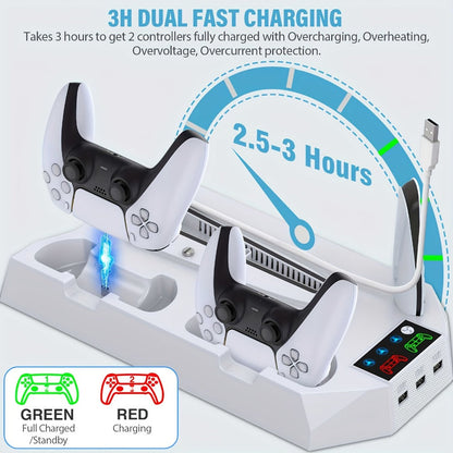 Five-in-One Console Stand Compatible with PS5 Models, Dual Controller Dock, Fan, USB Hub and Headset Holder