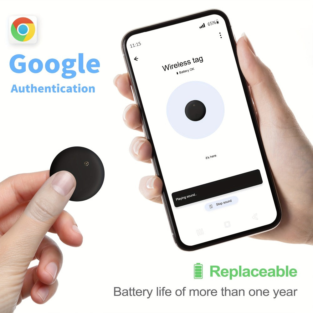 Two-Pack Round Android Find My Device Trackers with Black Key Ring Holders and Replaceable Batteries