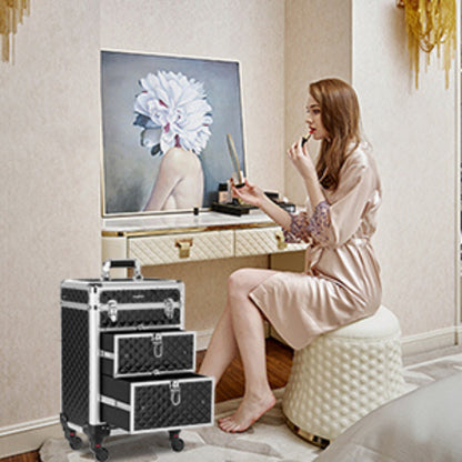 Black Rolling Makeup Train Case with Four Wheels, Telescoping Handle, Three Top Trays and Two Drawers
